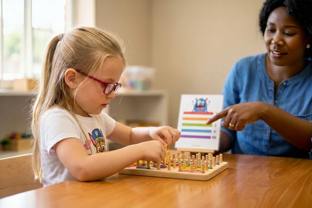 girl, child, teacher, student, learning, play, education, fine motor skills, development, therapy, classroom, focus, concentration, support, guidance, early childhood, teaching, color composition, school supplies, connection, creativity. Childcare centers: operators, licensing and staffing