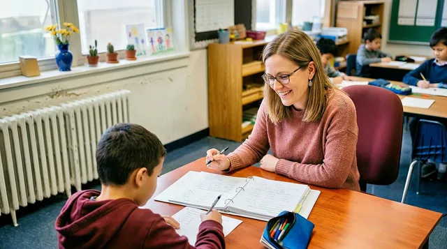 teacher, pupil, classroom, learning, education, school, to study, extra lesson, elementary school, math, help, accompaniment, focus, young, children, happy, smile, support, academic, lesson, ai generated. Childcare center operating procedures for the daily grind