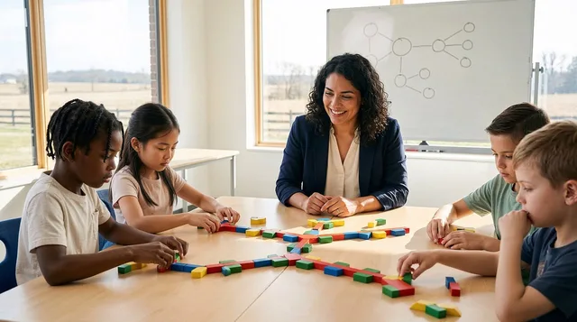 classroom, students, teacher, math, manipulatives, learning, education, diversity, collaboration, table, school, activity, colors, together, children, instruction, bright, group, skills, ai generated. Daycare Enrollment Staffing: How to Match Staffing to Enrollment