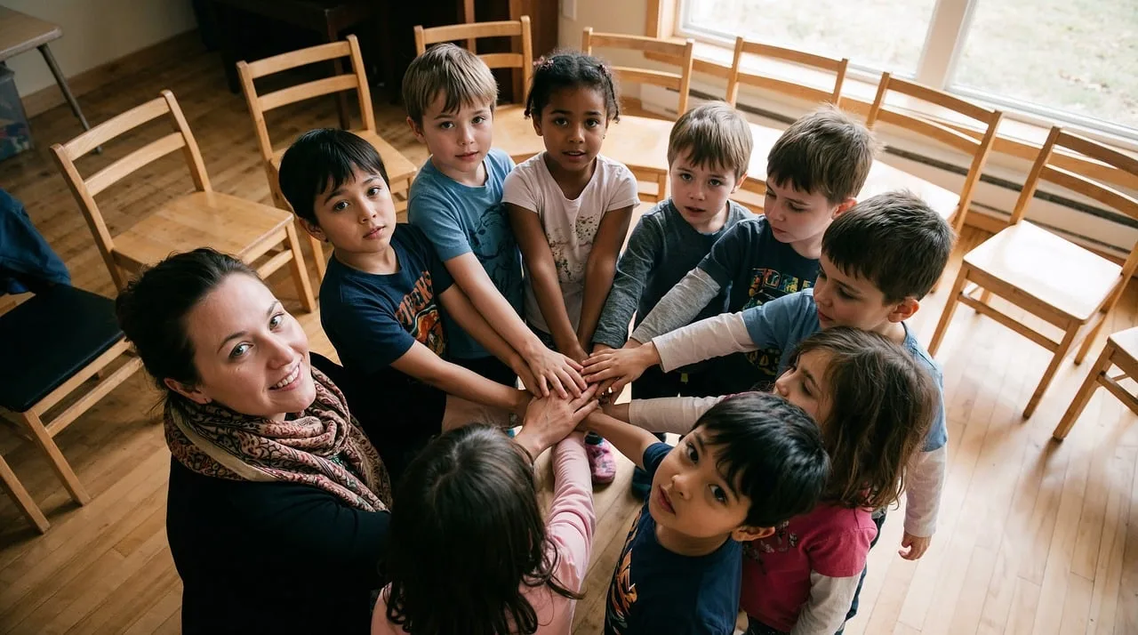 children, group, hands, circle, unity, cooperation, teamwork, adult, teacher, diverse, indoor, classroom, chairs, smiles, expressions, focus, belonging, together, innocence, photo, ai generated. Childcare center hiring: screening for reliability
