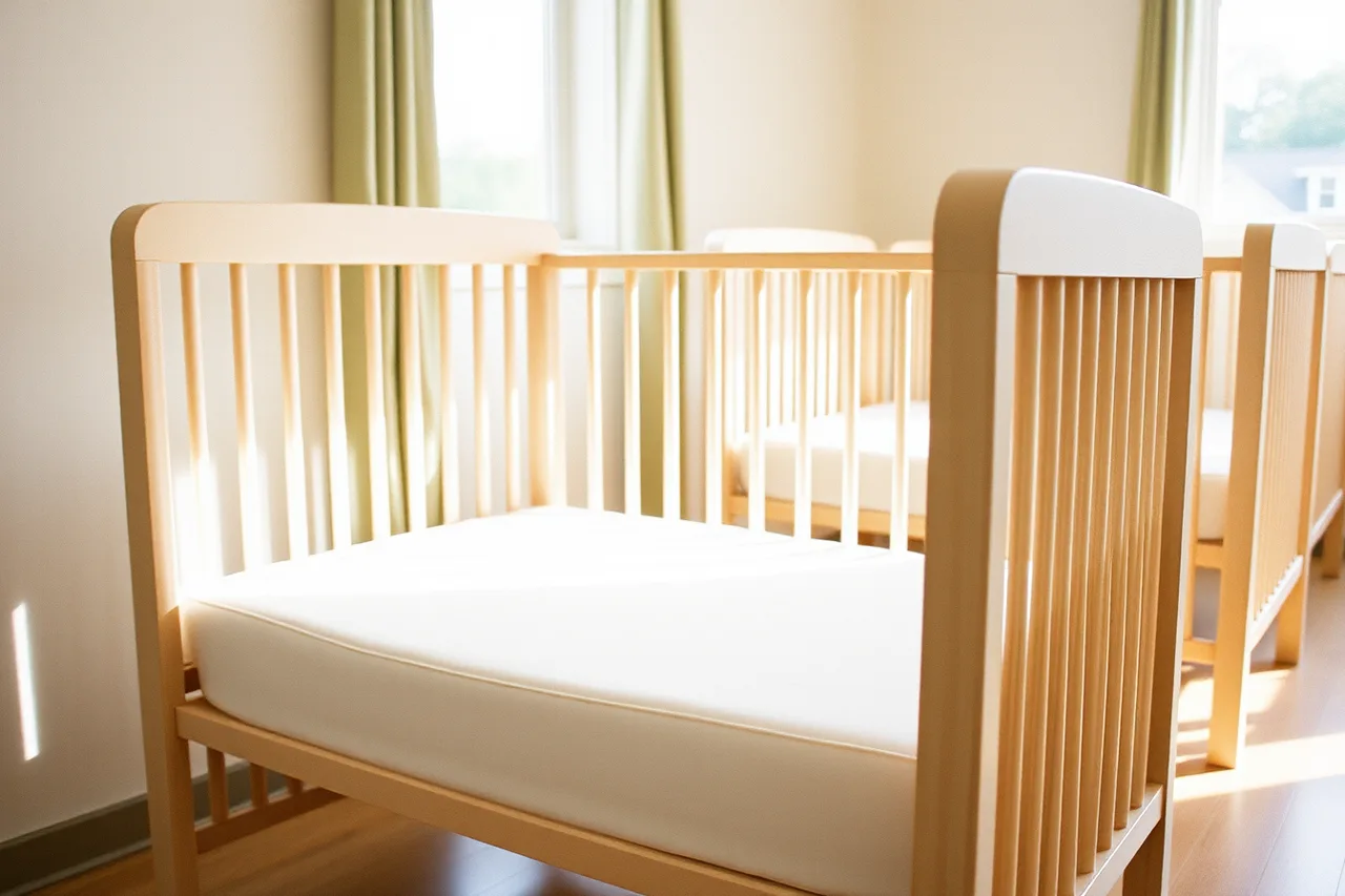 Full-size commercial crib with snug mattress in a childcare nap room (Childcare center equipment under review: the good, the weak and the verdict)