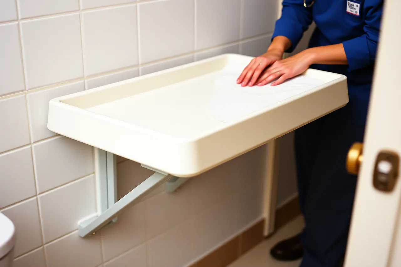 Wall-mounted fold-down changing table with strap and raised edge (Childcare center equipment under review: the good, the weak and the verdict)